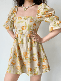 Dobabies-Vintage Fruit Print Square Neck Puff Sleeve Dress