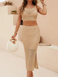 DOBABIES-Sexy Hollow Out Knitted Skirts Two Piece Sets Women Summer See Through Mesh Beach Cover-ups Fashion Split Bodycon Skirts Suits