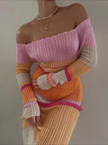 DOBABIES Hollow Out Knitwear Striped Maxi Dress For Women Contrast High Waist Long Sleeve Elegant Holiday Autumn Long Dress Female