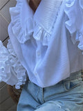 DOBABIES White Ruffled Casual Shirts For Women Fashion Patchwork Cardigan Lapel Long Sleeve Outwear Slim Ladies Shirts 2024 New