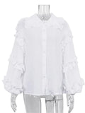 DOBABIES White Ruffled Casual Shirts For Women Fashion Patchwork Cardigan Lapel Long Sleeve Outwear Slim Ladies Shirts 2024 New