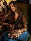DOBABIES Lace Up Fashion Leopard Print Cardigan Women Sexy Mesh Perspective Print Slim Long Sleeve V Neck Summer Top Cardigan 2024