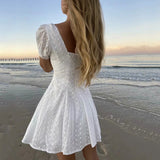 Dobabies-Y2K Style Summer Vacation Dress Streetwear INS Style ra Mini Dress Short Puff Sleeve V-Neck High Waist Romantic Style Lace Embriodery Summer Beach Dress